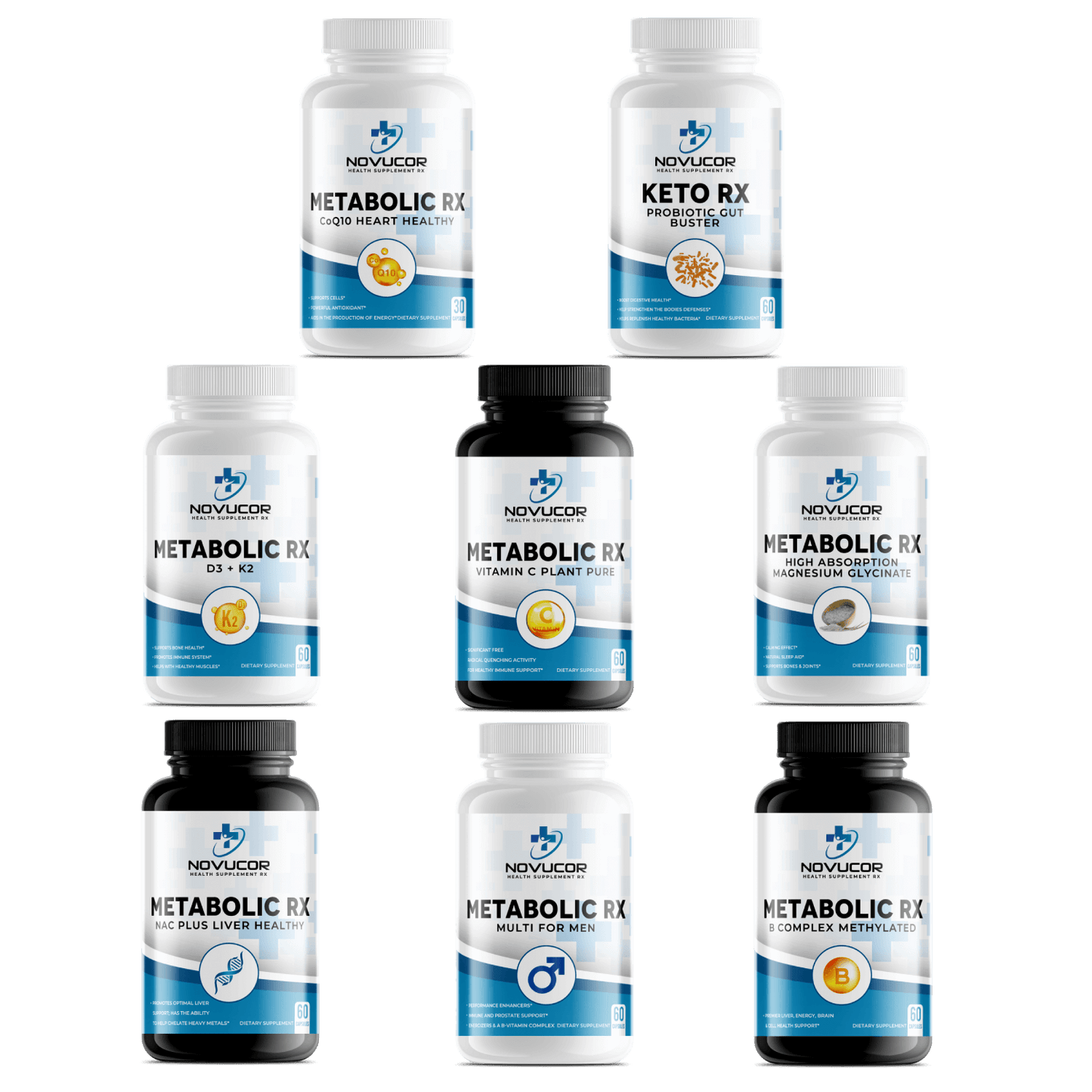 A collection of supplement bottles from the brand Metabolic RX, including various vitamins and supplements for men and women's health.