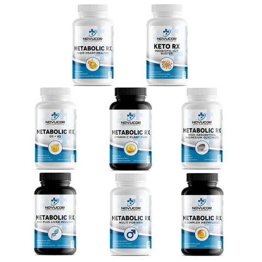 A collection of supplement bottles from the brand Metabolic RX, including various vitamins and supplements for men and women's health.