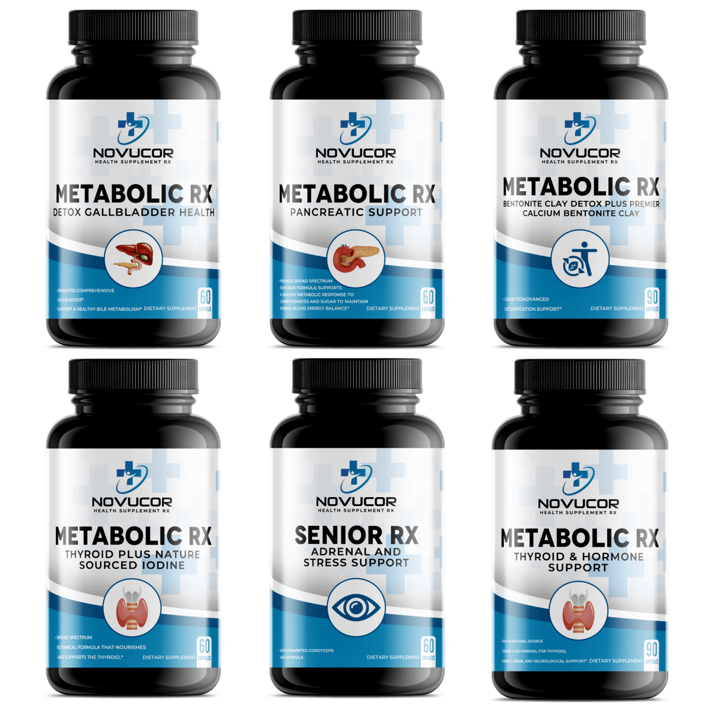 A set of six supplement bottles labeled 'Metabolic RX' from the brand NOVOCOR, each with different health benefits such as adrenal and stress formula, pancreas support, thyroid support, bentonite clay, and senior health support.