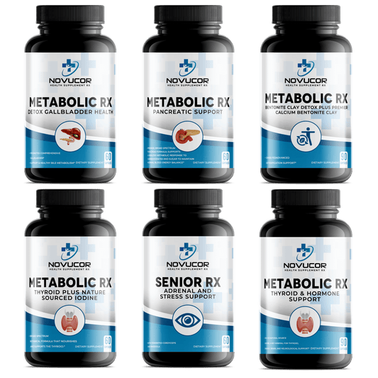 A set of six supplement bottles labeled 'Metabolic RX' from the brand NOVOCOR, each with different health benefits such as adrenal and stress formula, pancreas support, thyroid support, bentonite clay, and senior health support.
