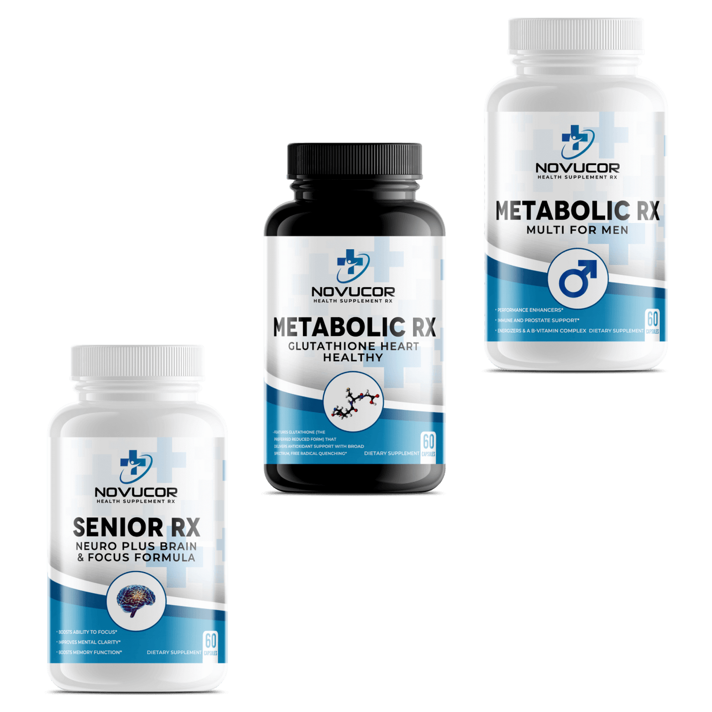 Three bottles of Novucor brand supplements, labeled as 'METABOLIC RX', 'SENIOR RX', and 'MEMORY & NEURO'. Each bottle has a white label with blue and black text, indicating they are health and wellness supplements.
