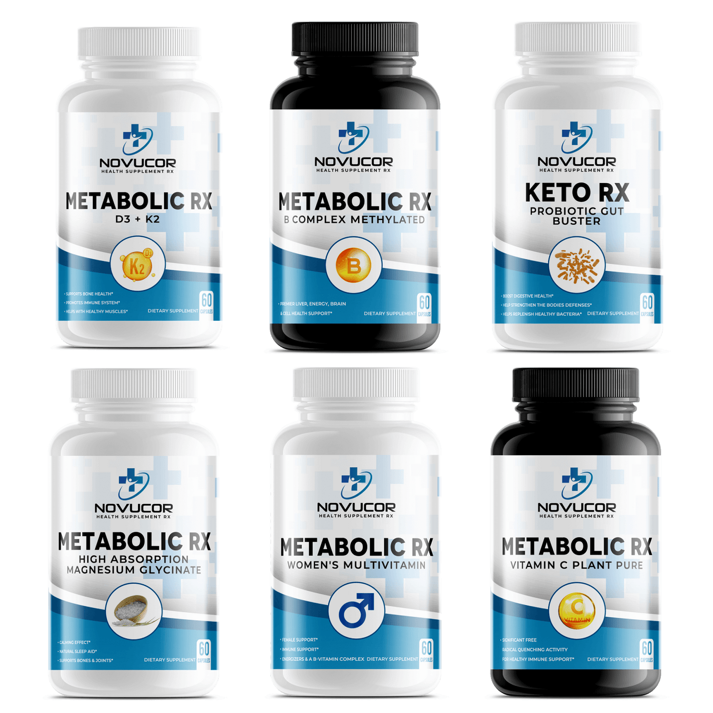 A collection of six supplement bottles labeled 'Metabolic RX' and 'Keto RX' from the brand Novucor, designed for men's health and wellness.