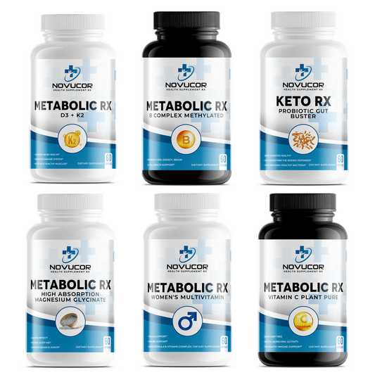 A collection of six supplement bottles labeled 'Metabolic RX' and 'Keto RX' from the brand Novucor, designed for men's health and wellness.