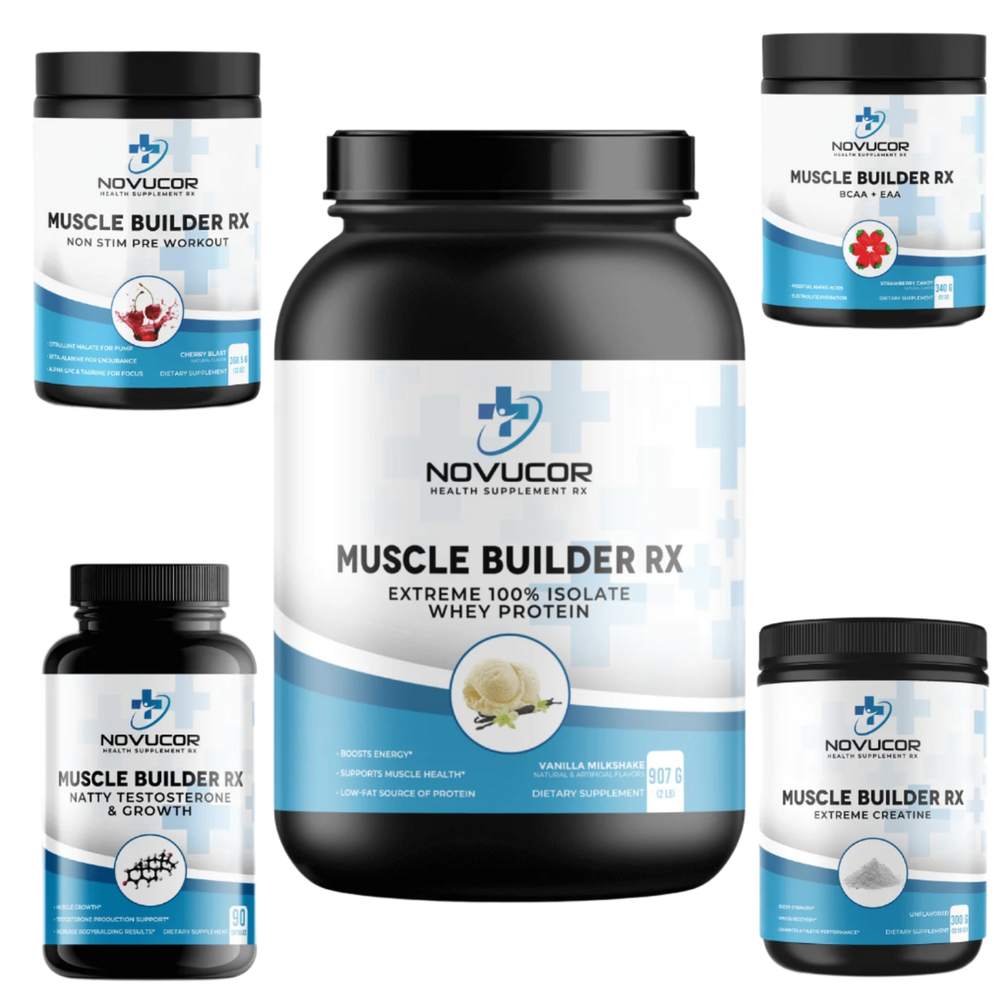 A collection of supplement bottles and containers from the Muscle Builder Intermediate Bundle, including products labeled for muscle growth, recovery, and strength.