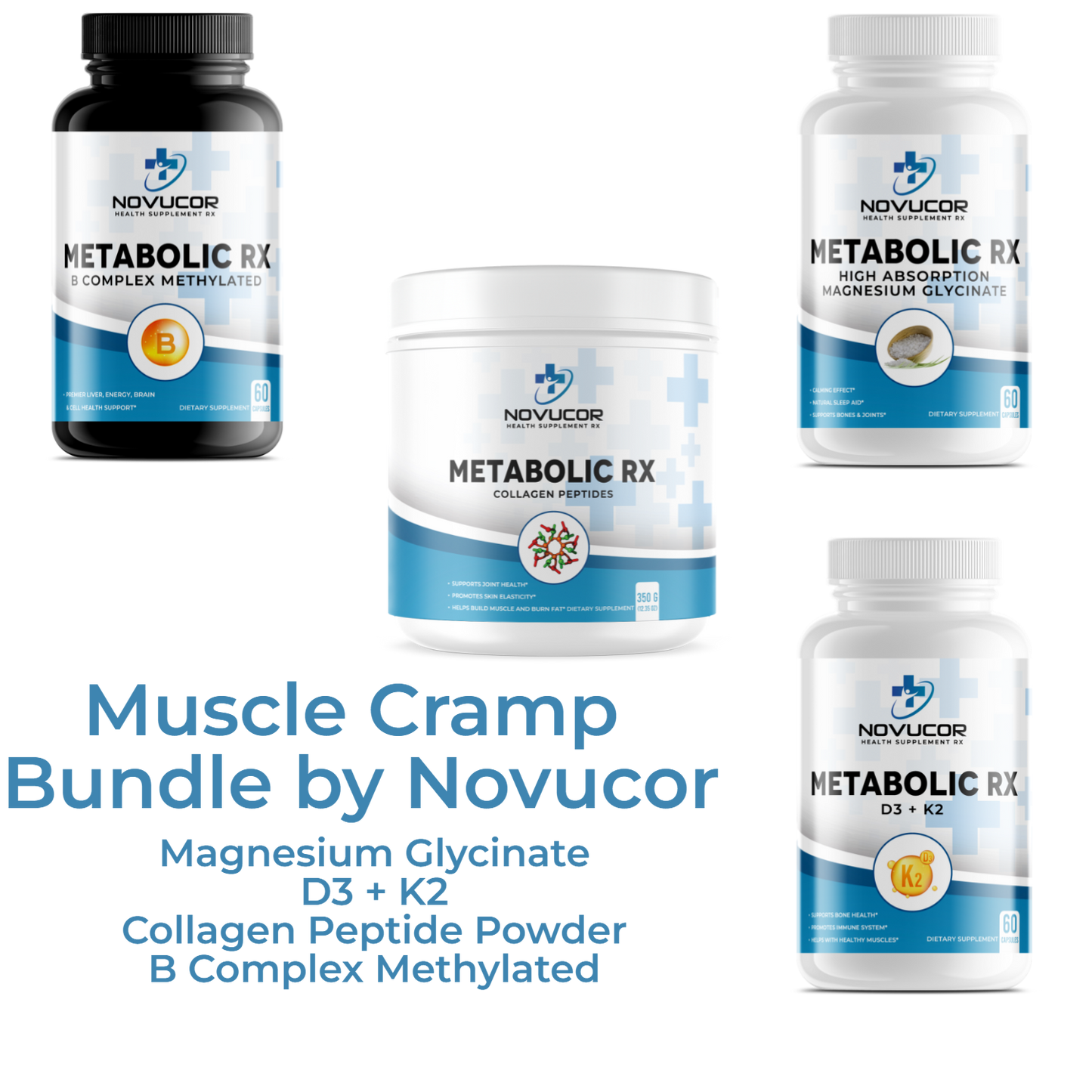 A collection of supplement bottles and containers from the Metabolic RX series by Novocor Health Supplements, including products labeled B Complex, Vitamin D3+K2, Magnesium, and Collagen.