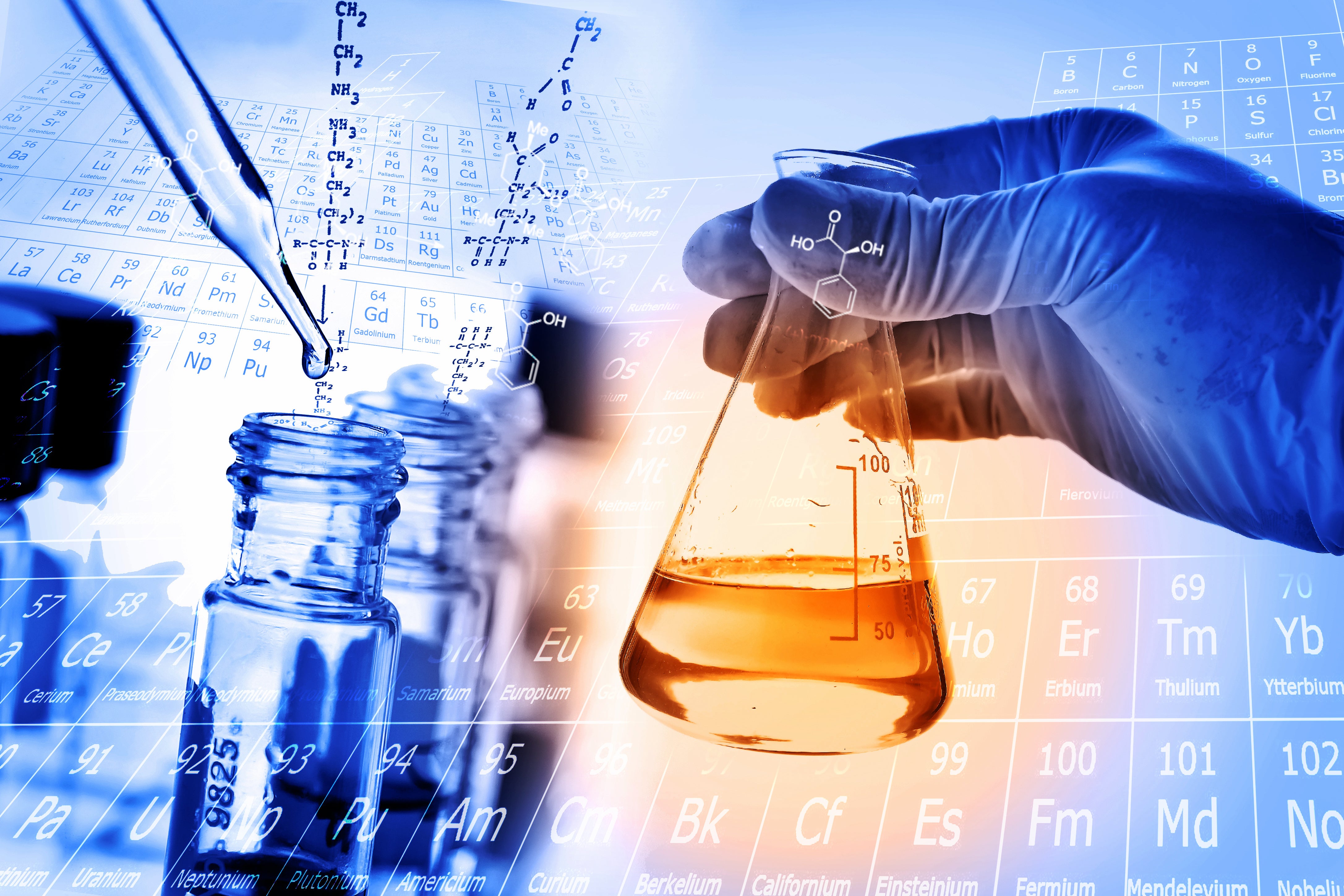 Man injecting liquid in to lab bottles