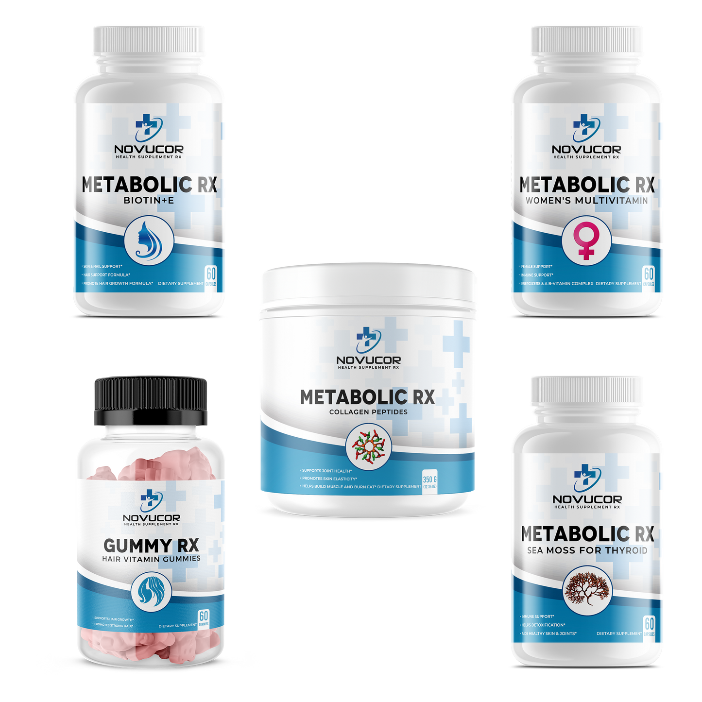 A collection of six supplement bottles and containers from the 'Metabolic RX' brand, designed for hair, nails, and skin health.