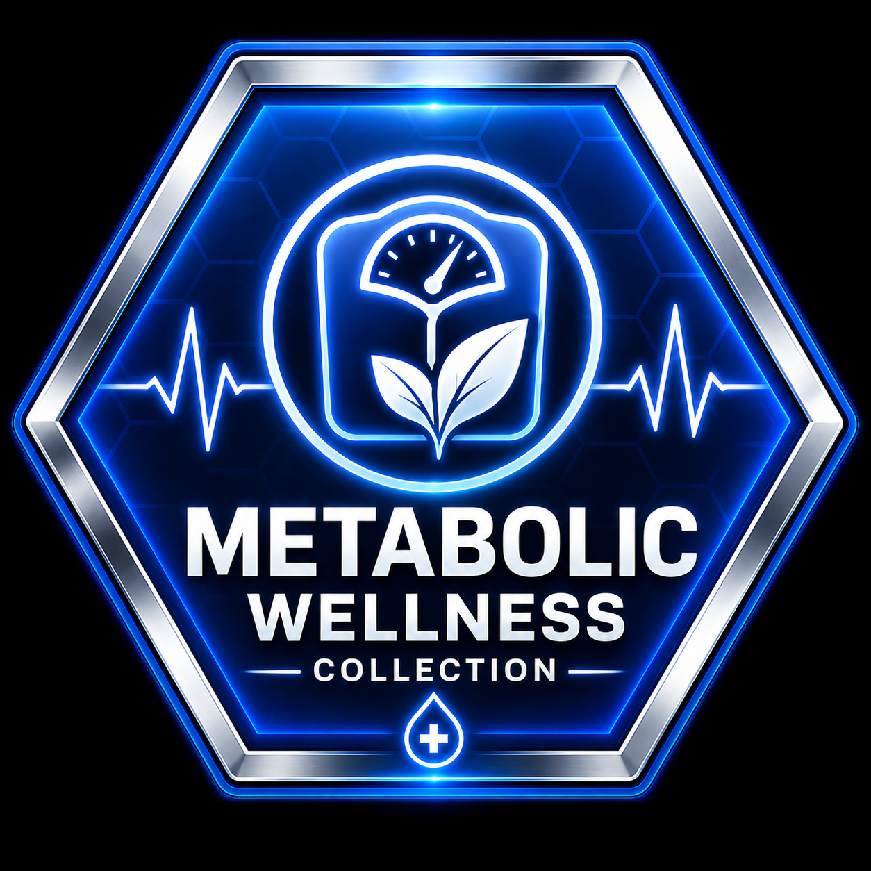 A blue hexagonal icon with a glowing human silhouette, a circular flame and arrow symbol in the center, and the words 'METABOLIC WELLNESS' at the bottom.