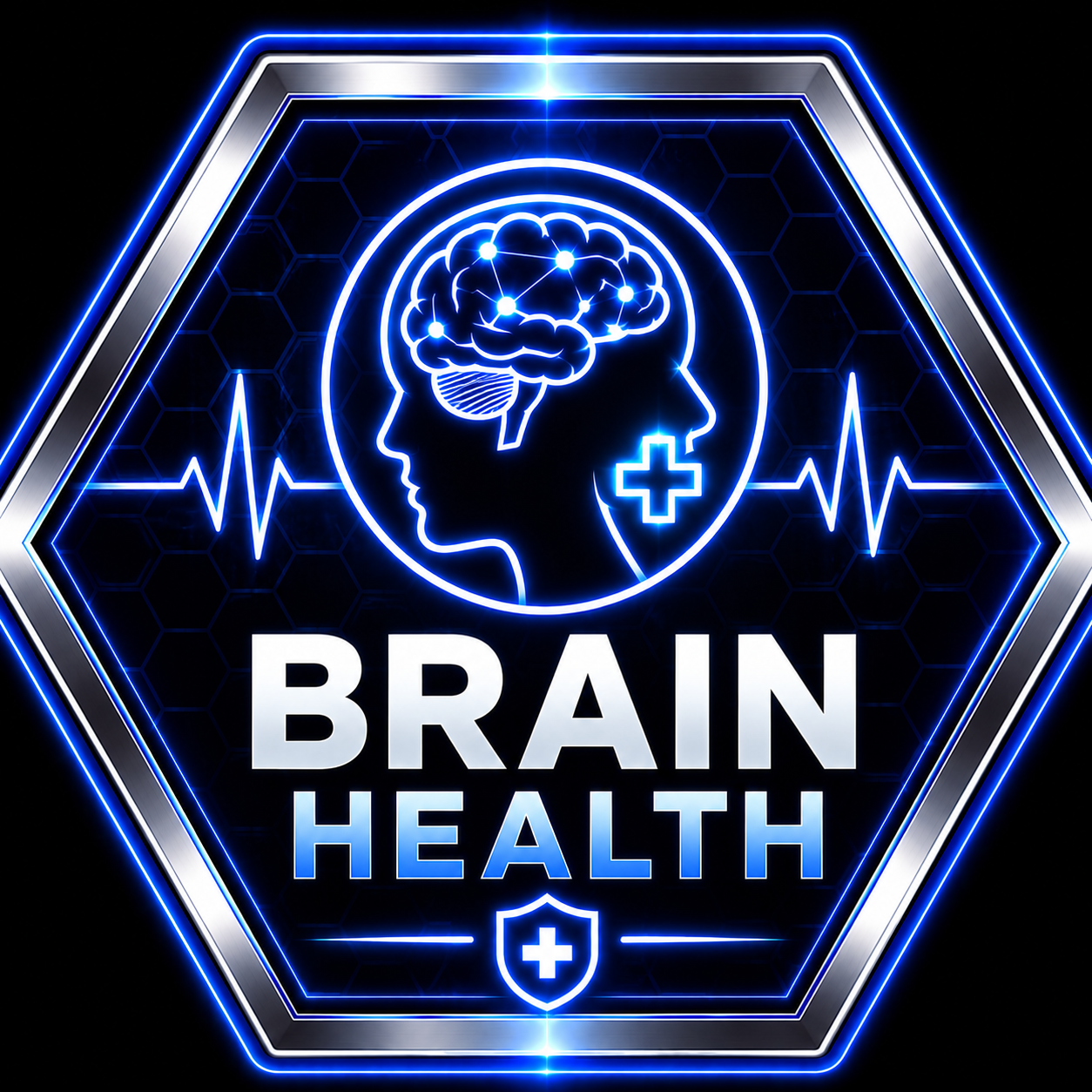 Hexagonal blue badge with a side profile of a human head and glowing brain graphic, with the text 'BRAIN & COGNITIVE WELLNESS' on a white background.