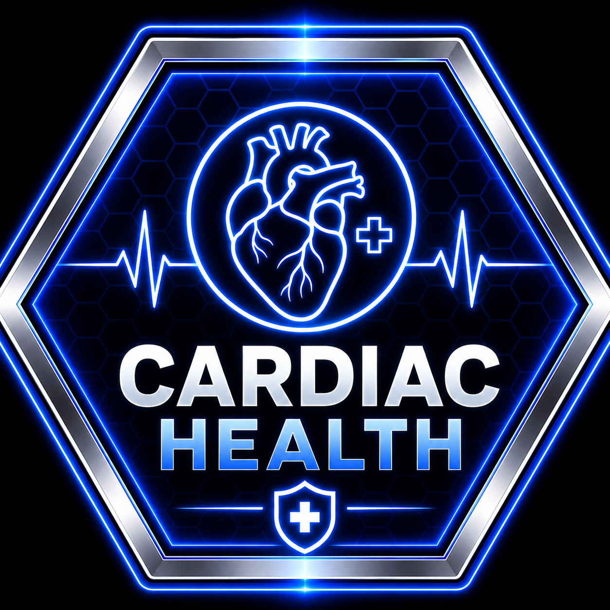 A blue hexagonal badge or emblem with a glowing anatomical heart, an EKG line, and the words 'CARDIOVASCULAR HEALTH' on a white background.