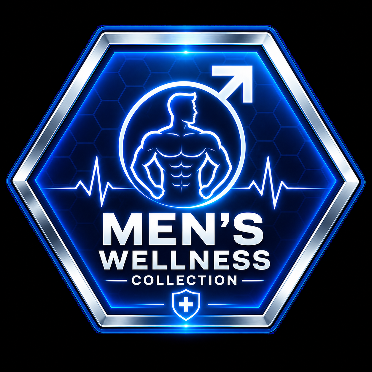 A blue and silver hexagonal badge featuring a glowing muscular male silhouette and the text 'MEN'S WELLNESS' at the bottom.