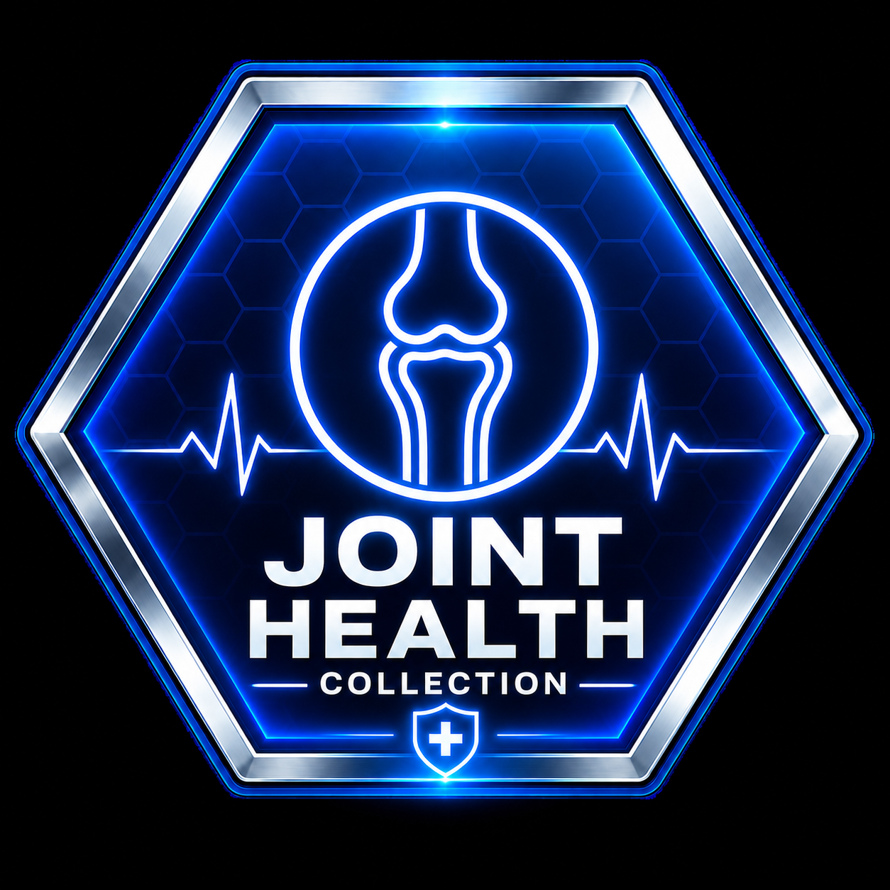A hexagonal blue and silver graphic badge with a glowing knee illustration, a shield with a white cross, and the text 'JOINT & BONE HEALTH' on a black background.