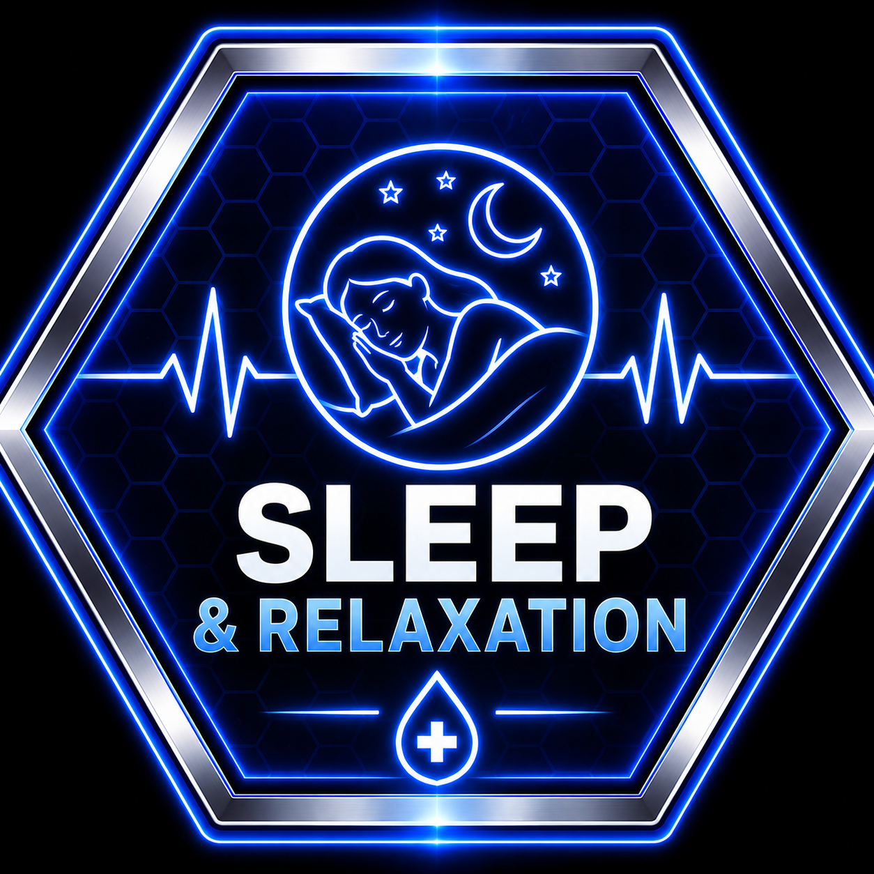 A blue hexagonal graphic with a crescent moon, stars, and a bed icon above the words 'SLEEP & RELAXATION' in white text.