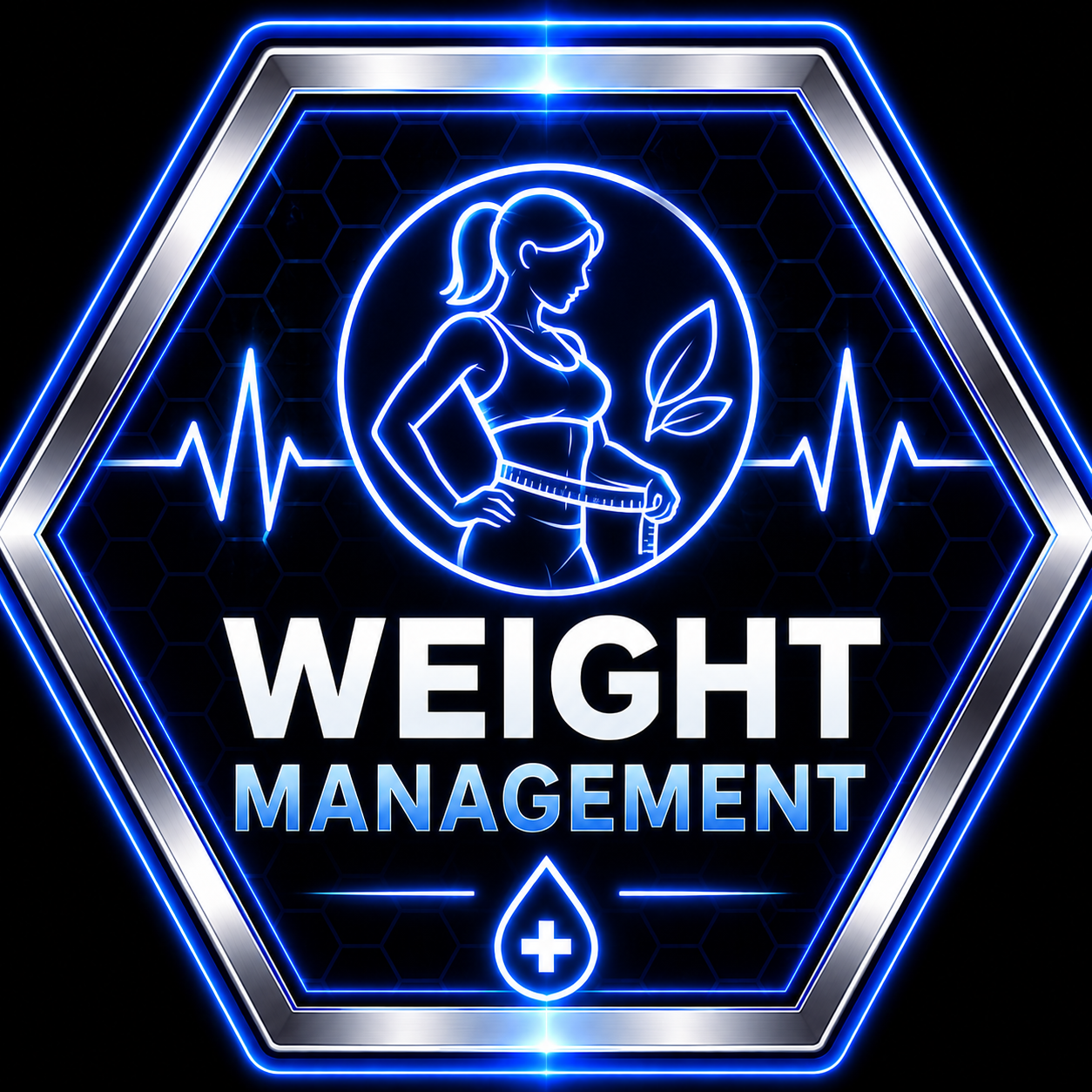 A blue hexagonal icon with a white silhouette of a waist and measuring tape, flanked by arrows, with the text 'WEIGHT MANAGEMENT' at the bottom.