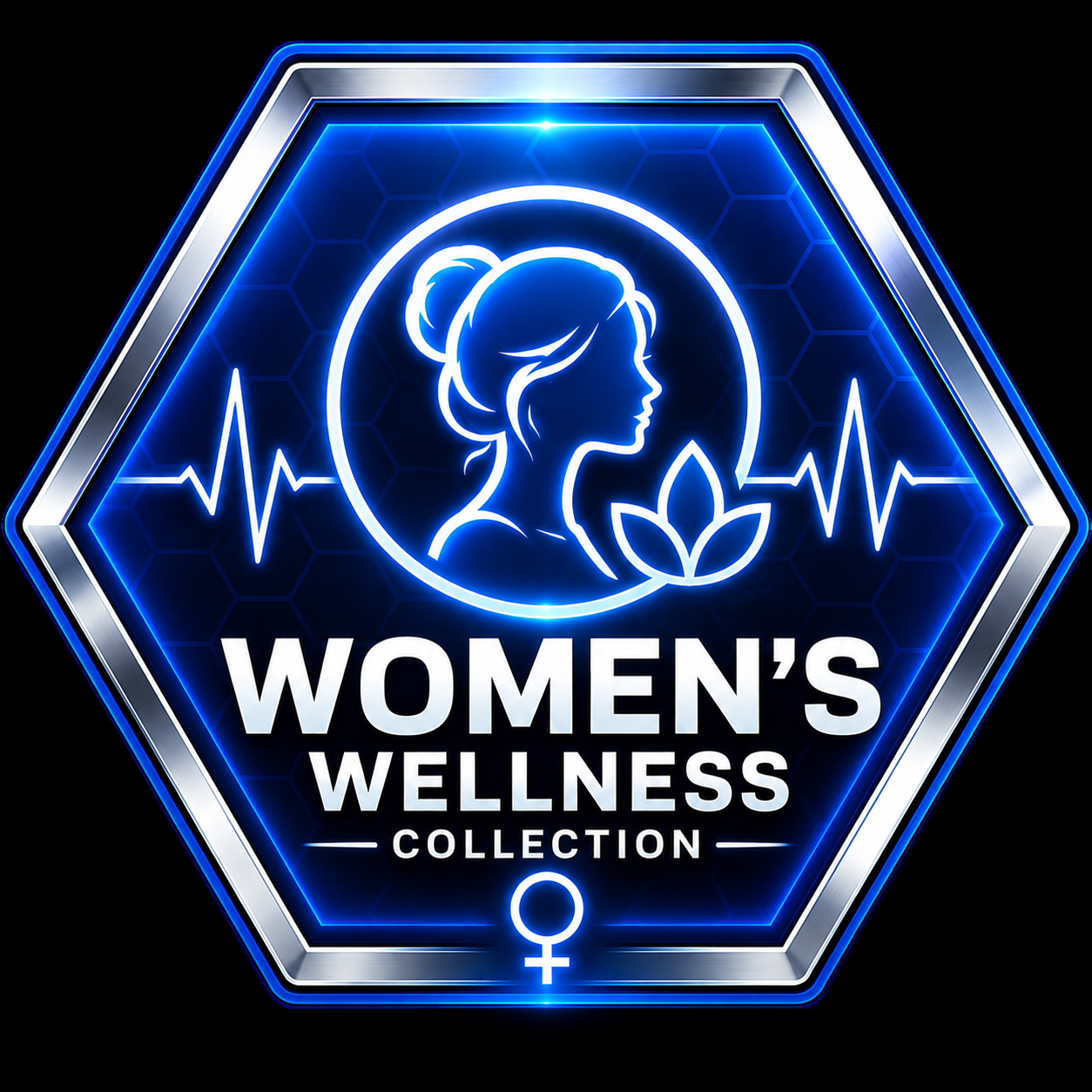 A blue hexagonal emblem with a glowing female silhouette, white leaf motifs, and the text 'WOMEN'S WELLNESS' on a white background.