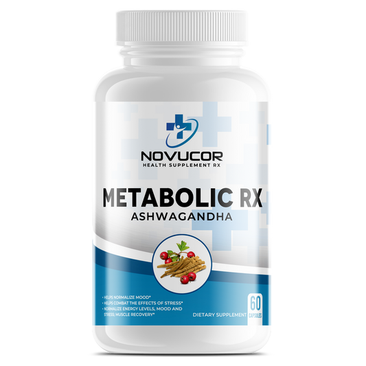 Supplement bottle labeled 'Metabolic RX Ashwagandha' by Novucor on a white background