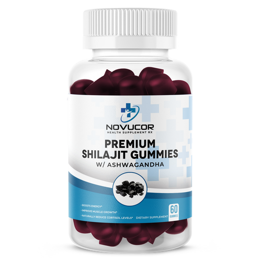 Bottle of Novucor Premium Shilajit Gummies with Ashwagandha on a white background