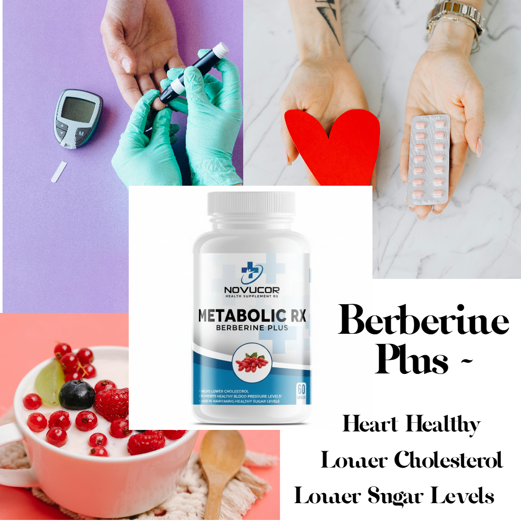 Collage of images related to health and wellness, including a bottle labeled 'Metabolic RX Berberine Plus' and various health activities.