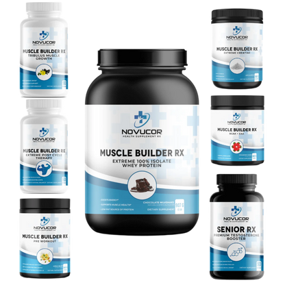 A collection of supplement bottles and containers from the Muscle Builder Advanced Bundle, featuring branding and labels indicating their purpose for muscle growth and recovery.
